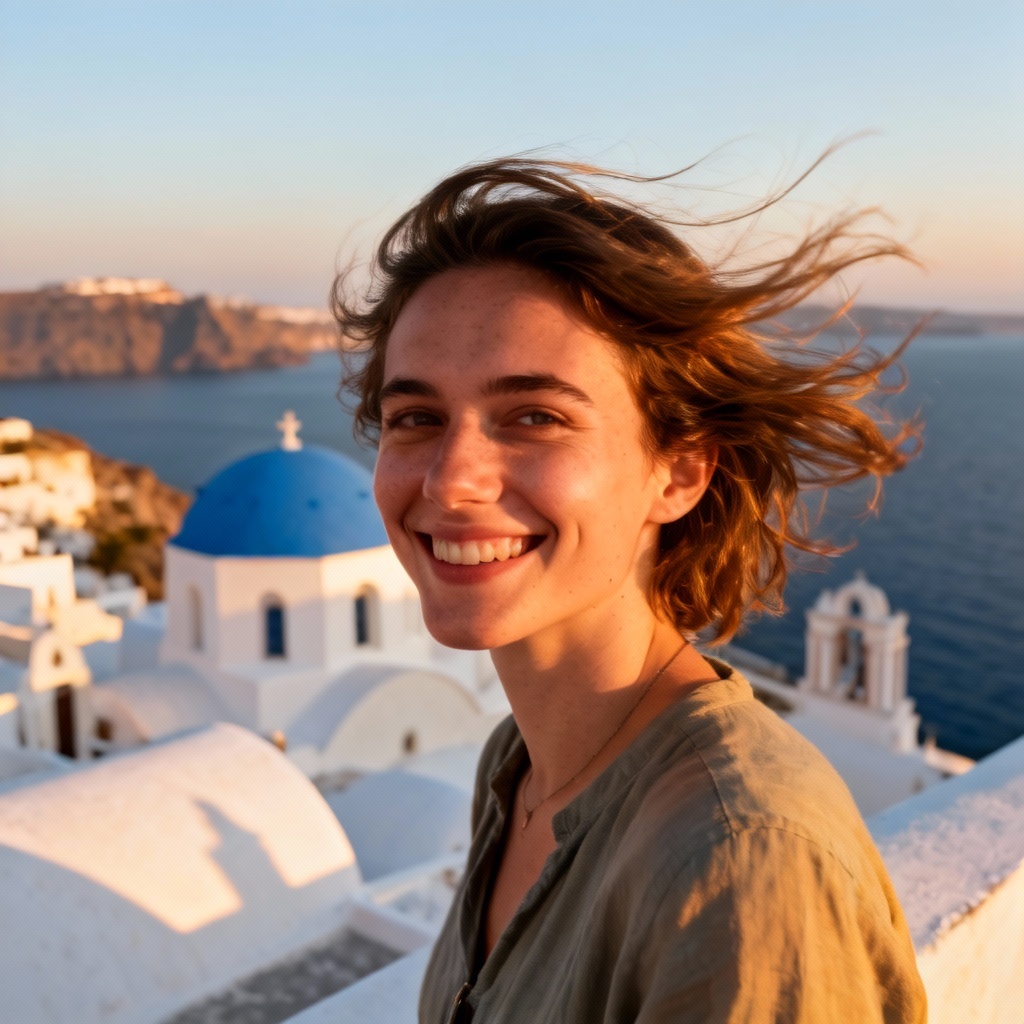 AI fake vacation selfie in Santorini at golden hour