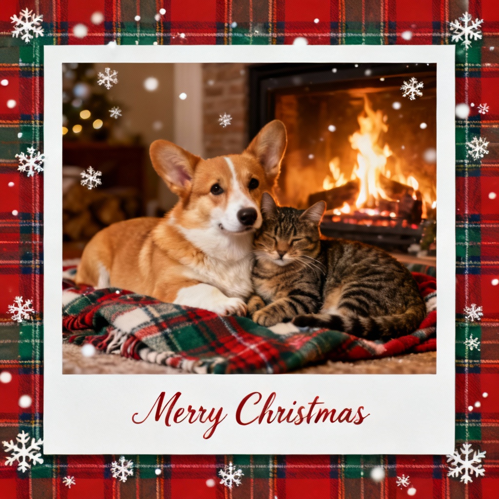 Dog and cat by fireplace on a festive pet Christmas card