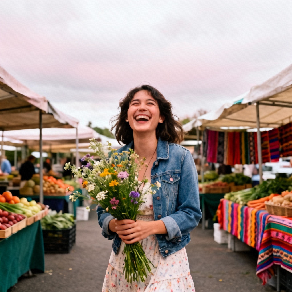 AI girl next door at a farmers market holding flowers
