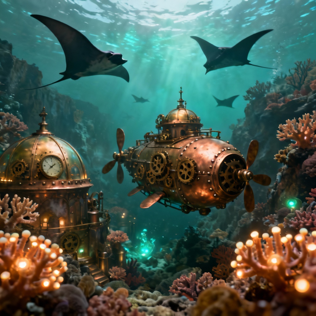 AI steampunk underwater coral kingdom