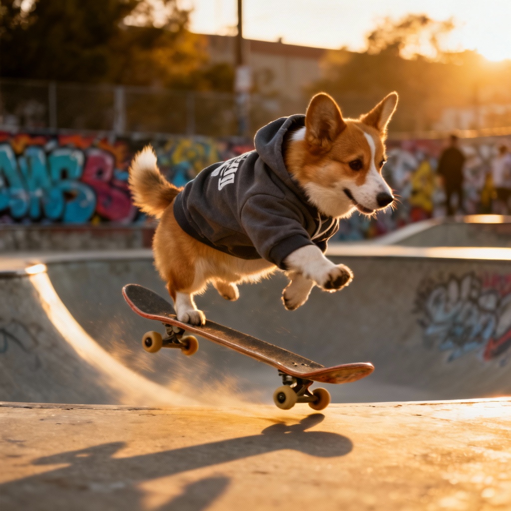 AI realistic corgi skateboarding