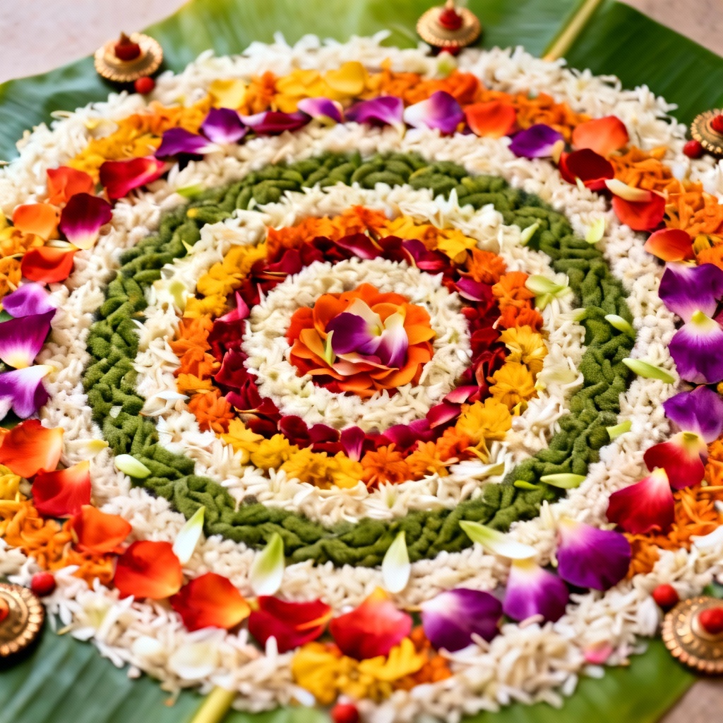 AI Onam pookalam floral rangoli top view