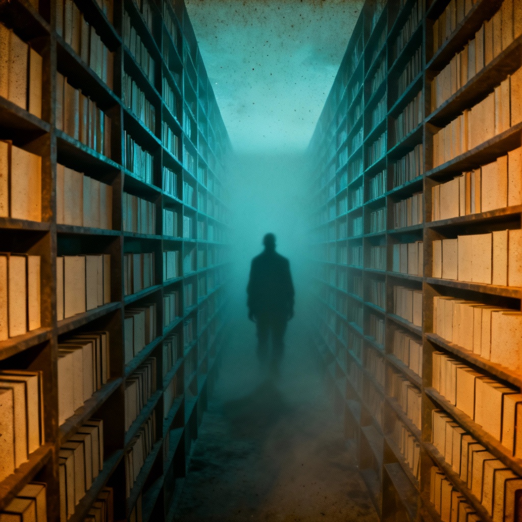 AI cursed library with impossible geometry and cosmic horror