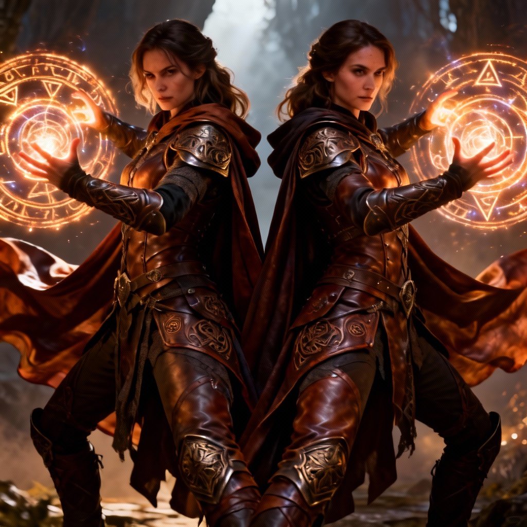 AI fantasy twin sorceress characters