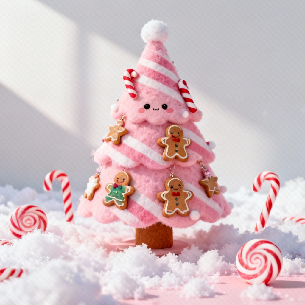Candy pastel Christmas tree with gingerbread ornaments