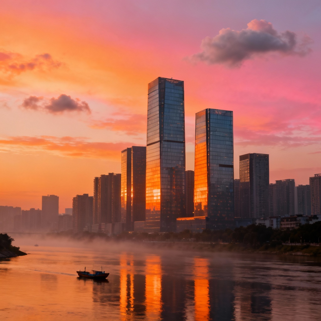 AI modern city skyline at sunset with reflective glass towers