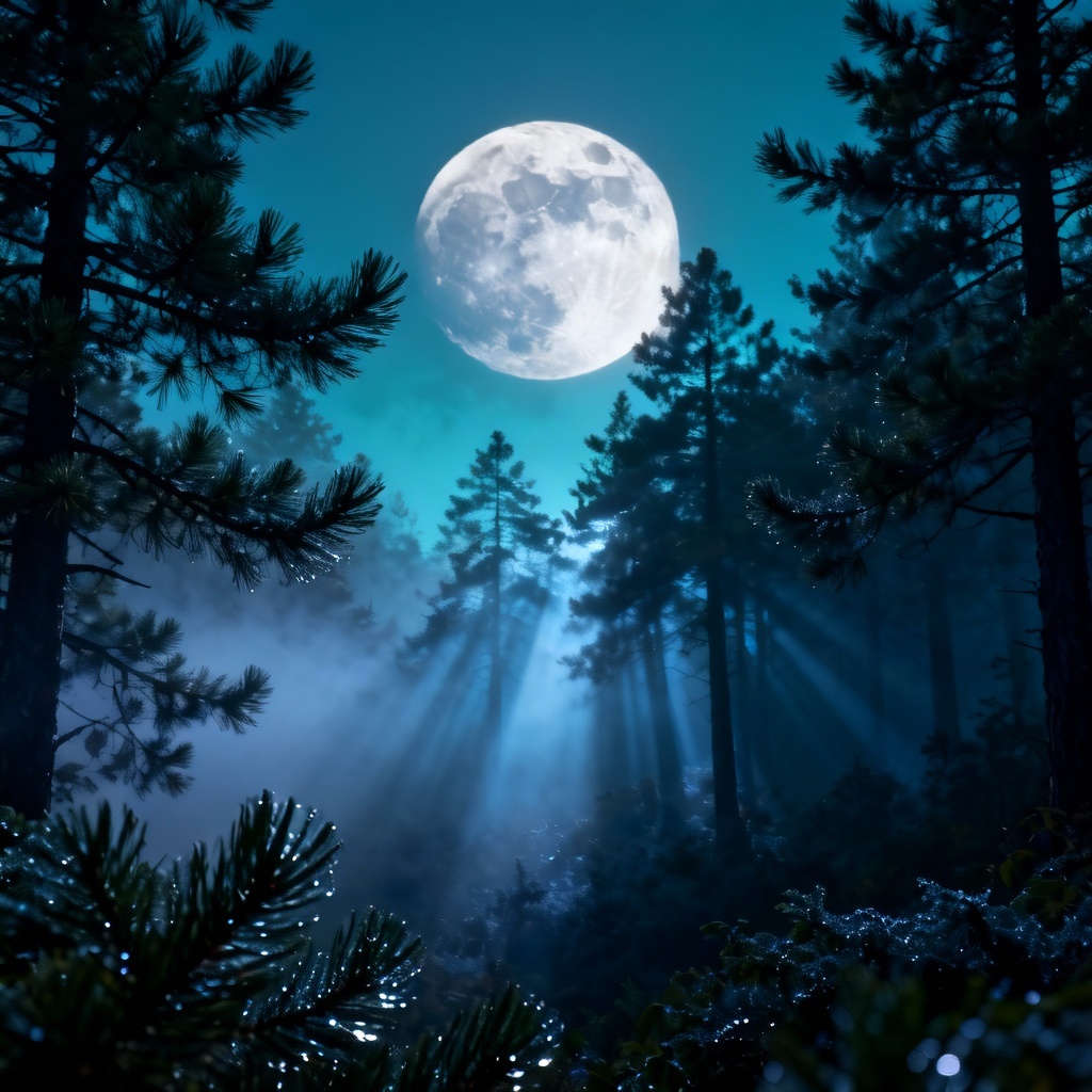 AI full moon over pine forest with fog and light rays