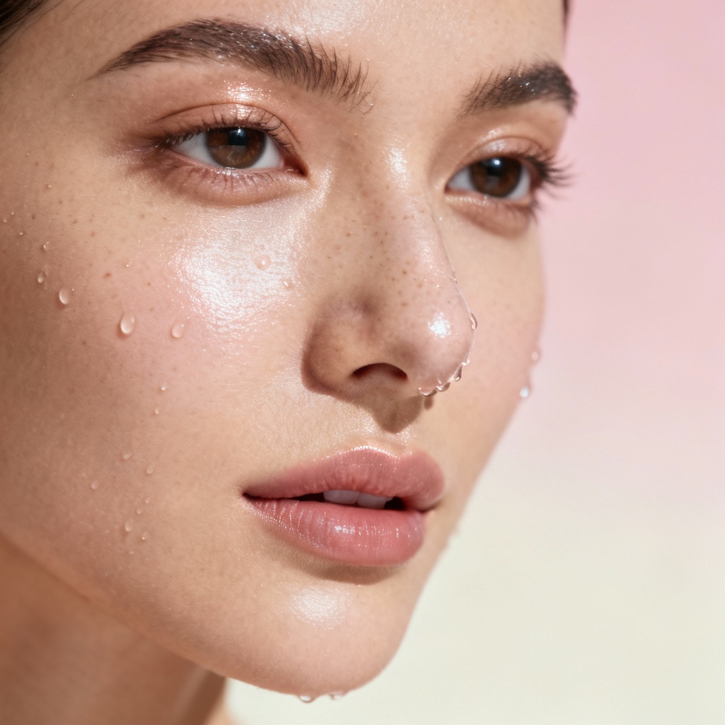 AI skincare ad style with dewy skin glow and droplets