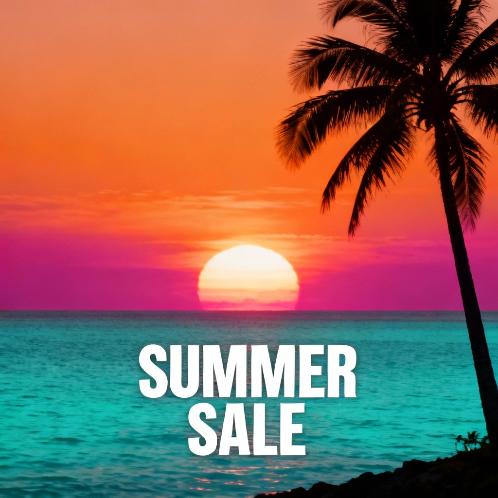 AI warm season tropical beach sunset poster