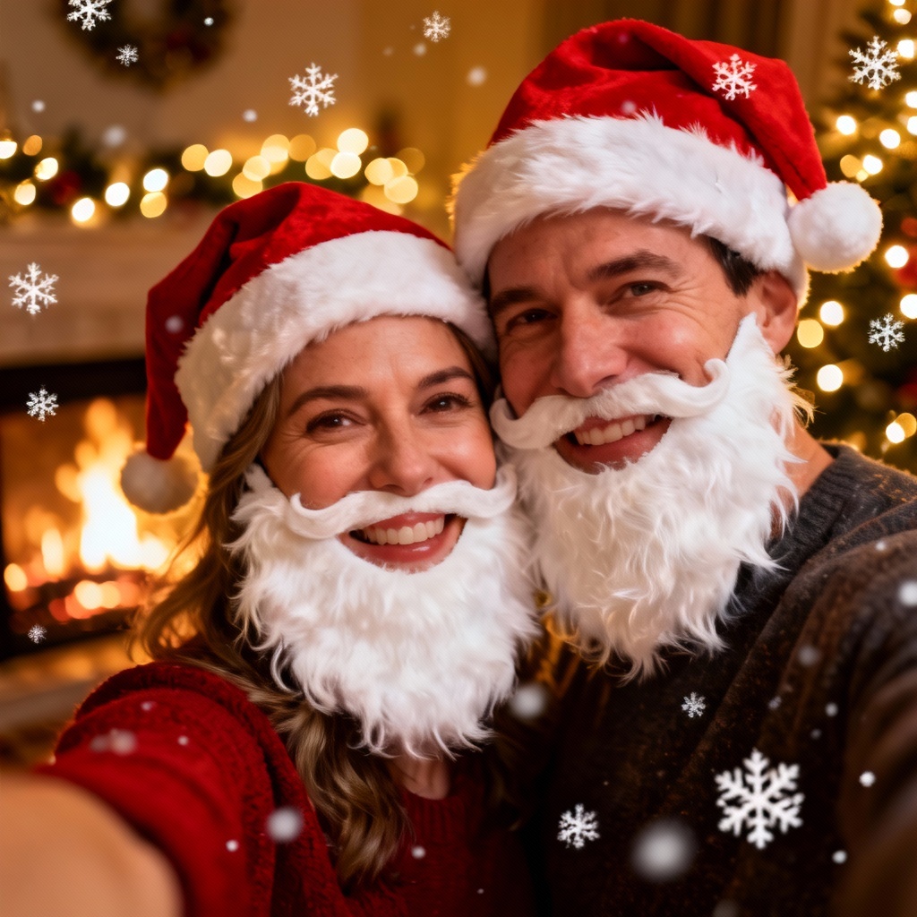 AI Santa selfie with hat and beard by a fireplace