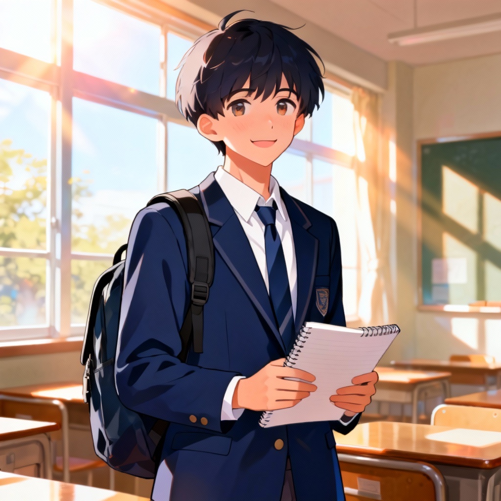 AI school boy character in a bright classroom holding a notebook