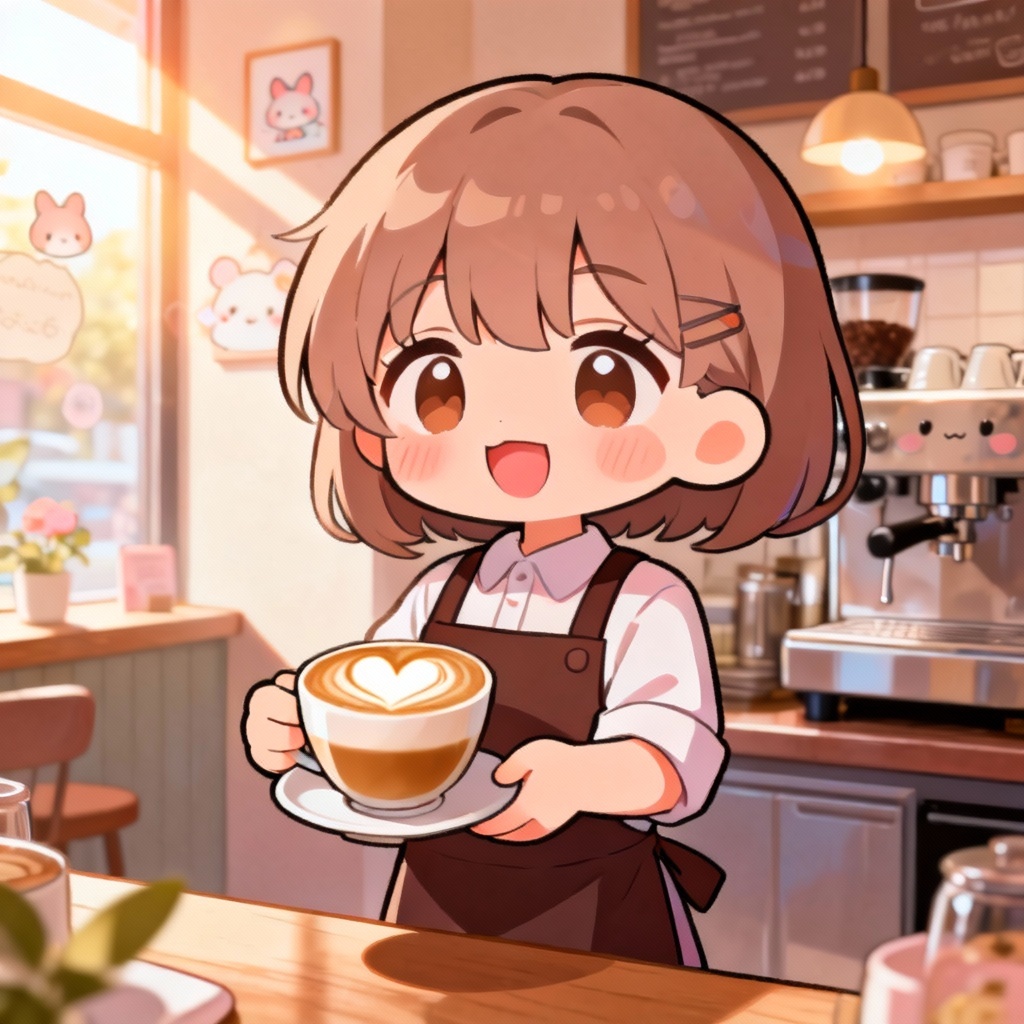 Chibi waifu serving latte art in warm cafe