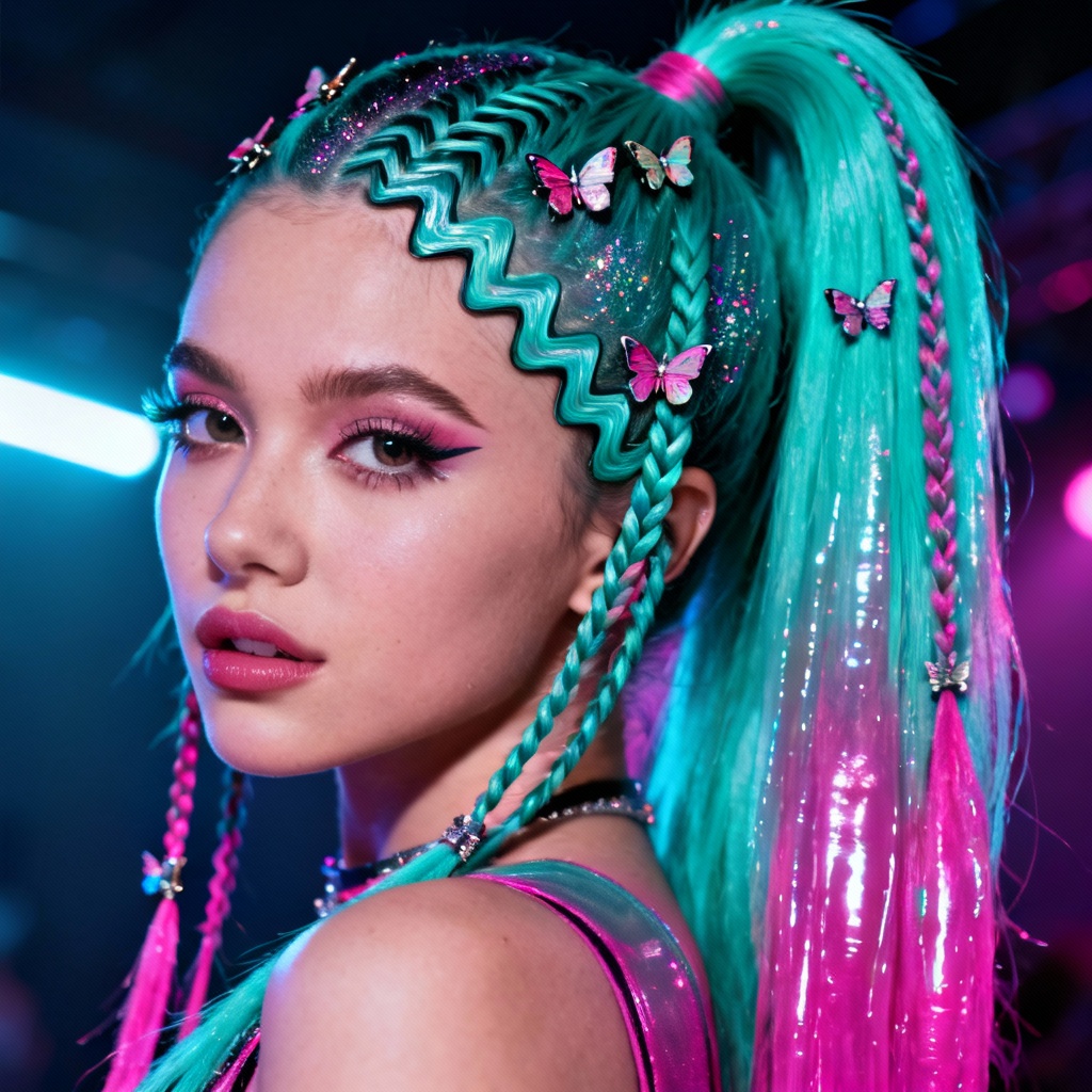 AI crimped ponytail with zigzag part and glitter strands