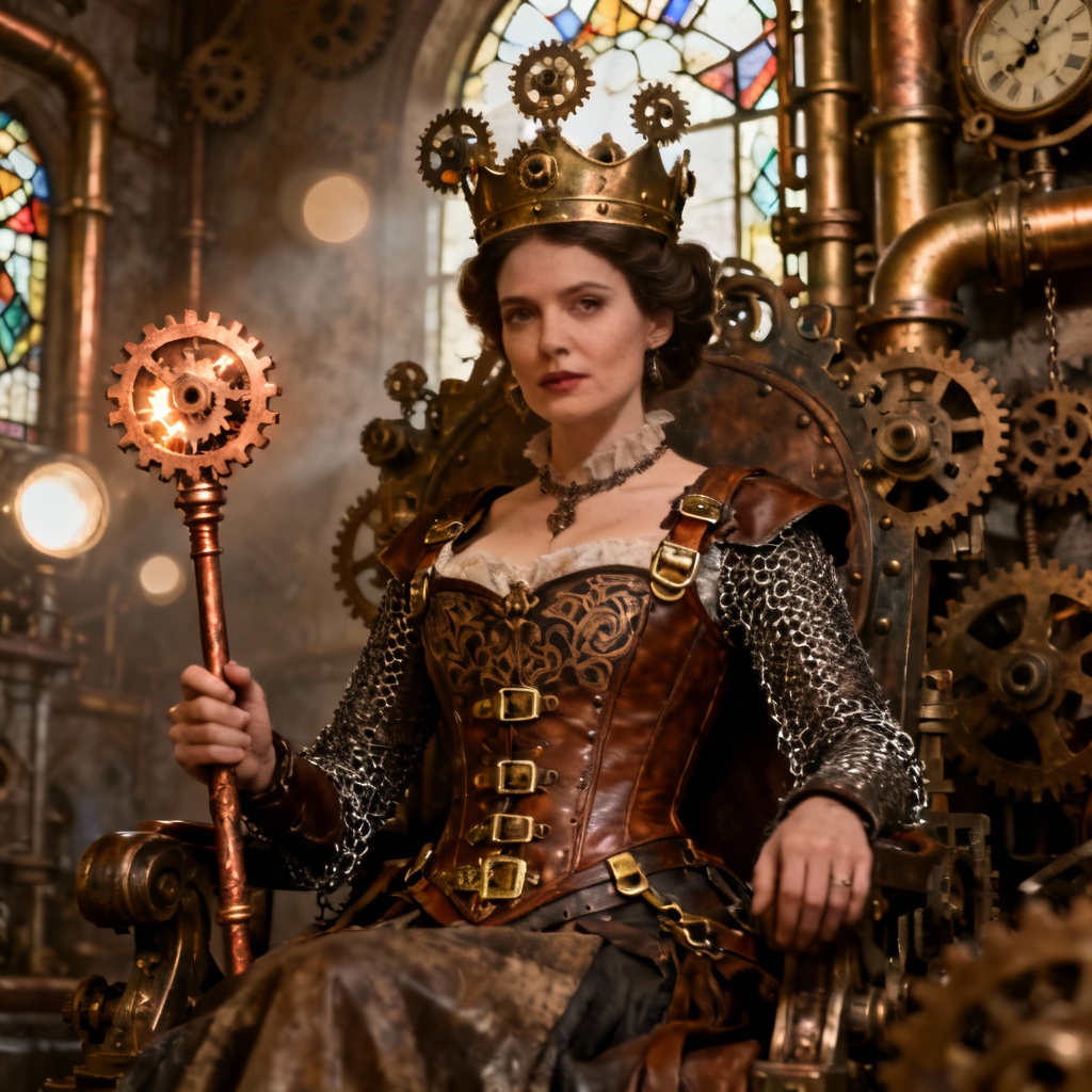 AI steampunk empress with brass crown