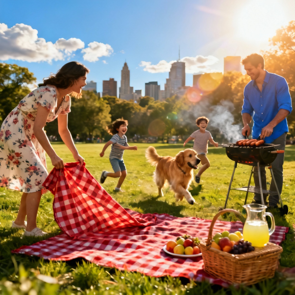 AI sunny park picnic with clear blue sky