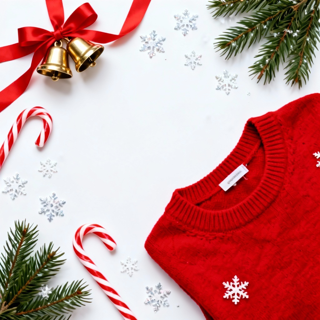 AI Candy cane and red sweater flatlay for Christmascore
