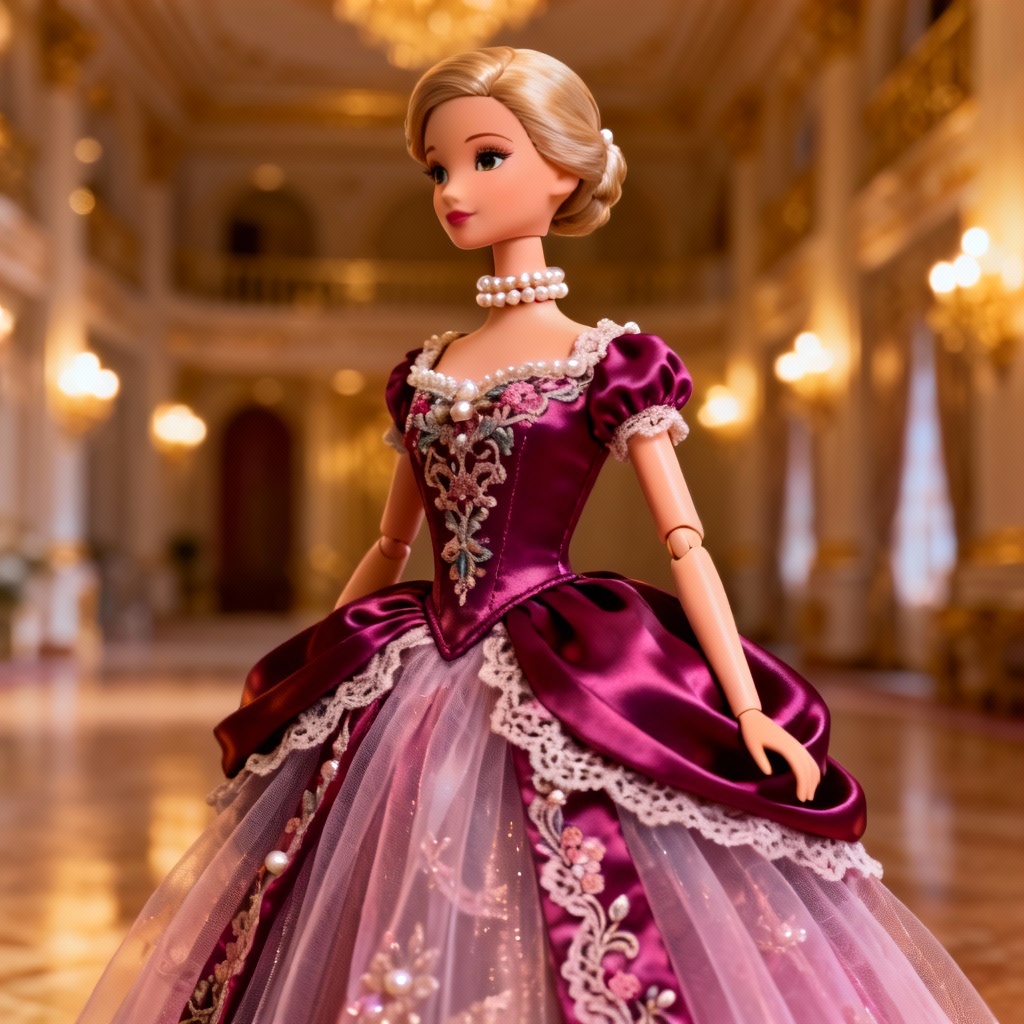 AI doll wearing a royal satin ball gown with lace details