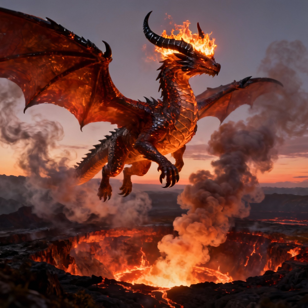 AI fantasy crowned ember dragon over a volcanic landscape at dusk