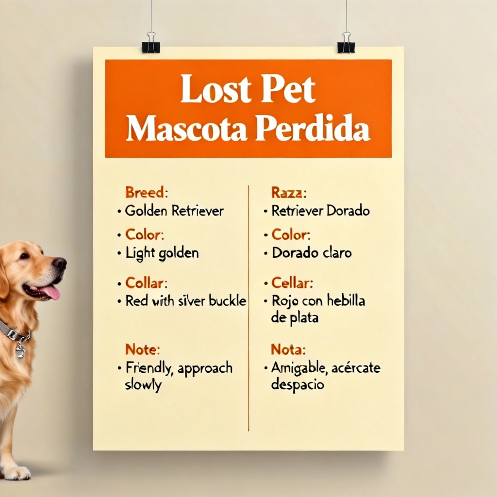AI bilingual missing pet flyer with two columns