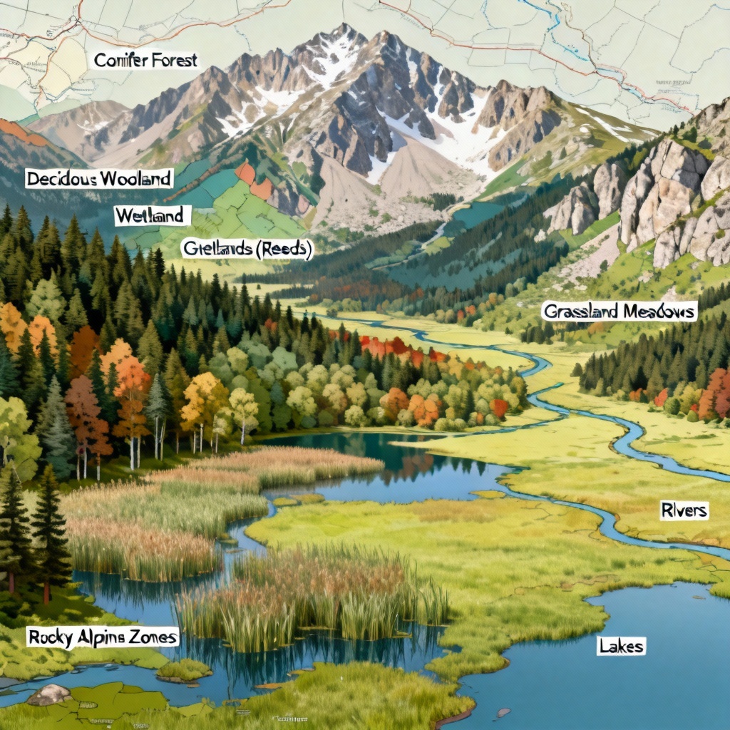Top-down AI vegetation map with forests, wetlands, and grasslands