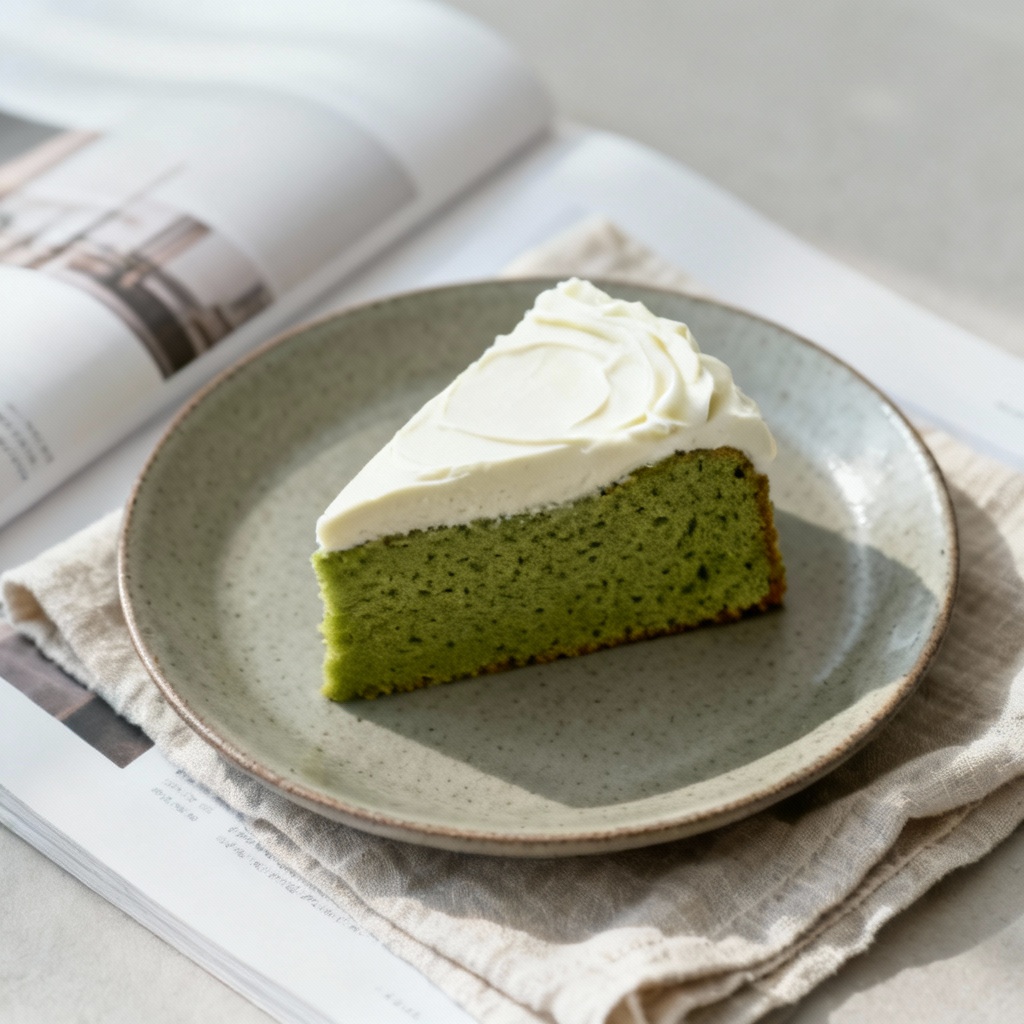 AI minimalist matcha cake slice on ceramic plate