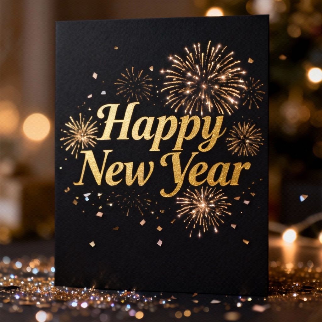 AI Happy New Year greeting card with gold fireworks