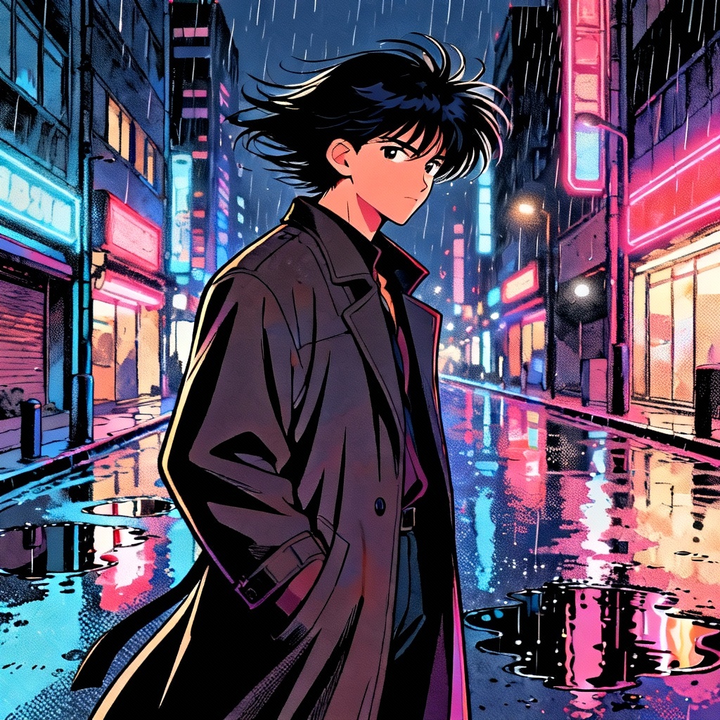 Retro old school anime hero standing in neon-lit street