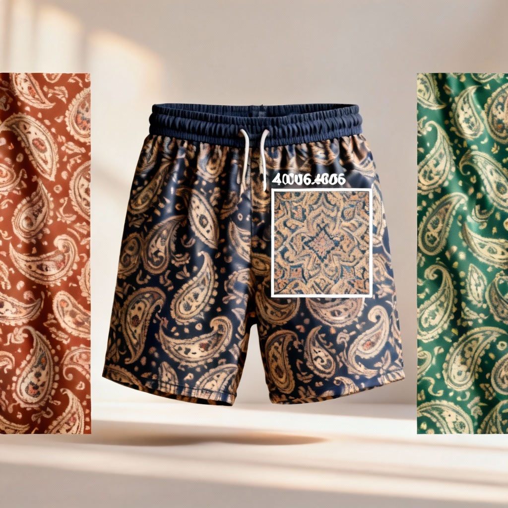 AI retro paisley swim trunks with seamless repeat