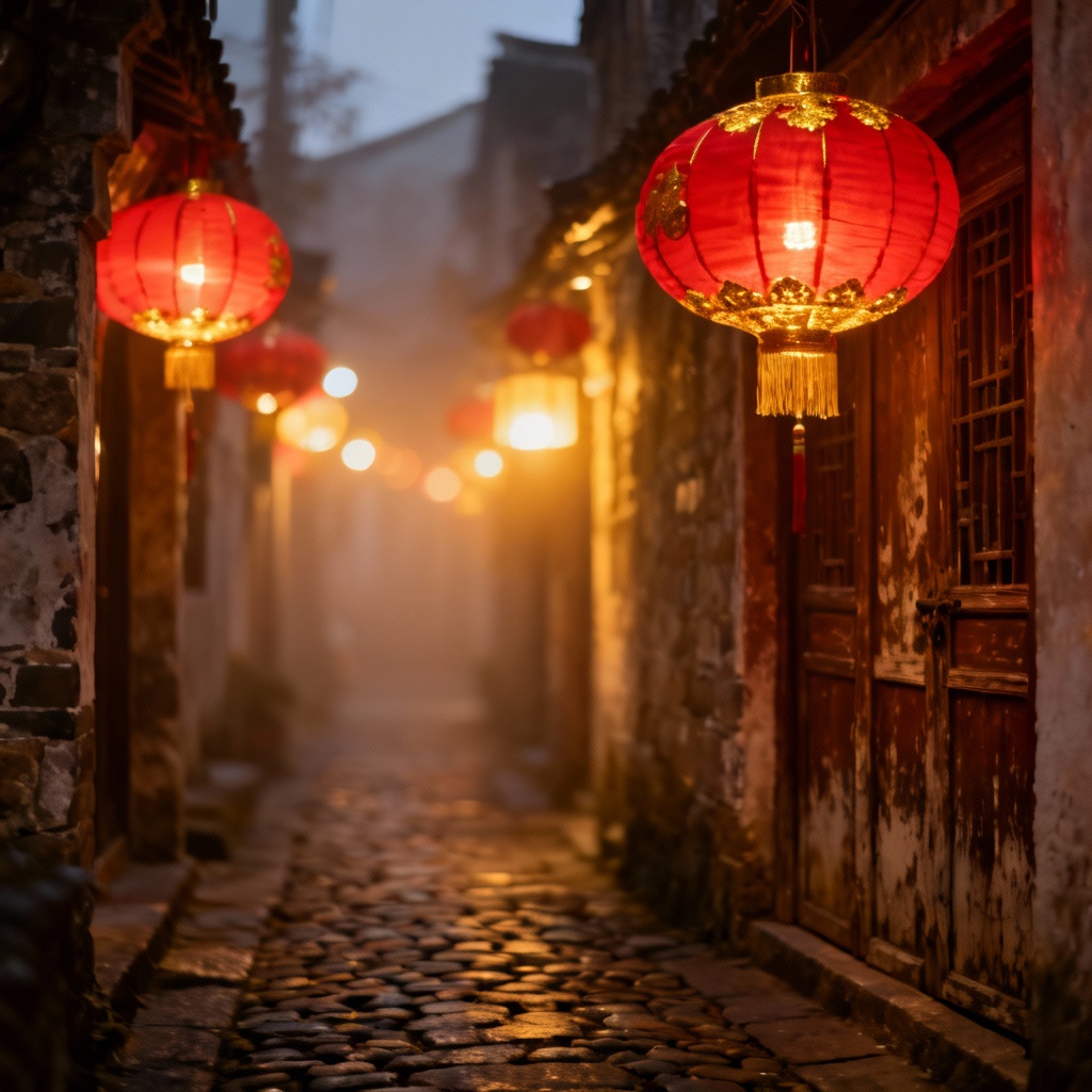 AI lantern street with red and gold Lunar New Year vibe