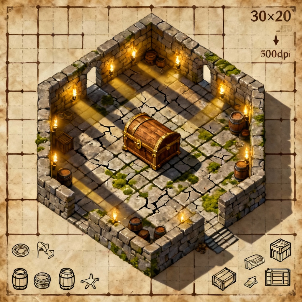 AI isometric dungeon map with grid and props