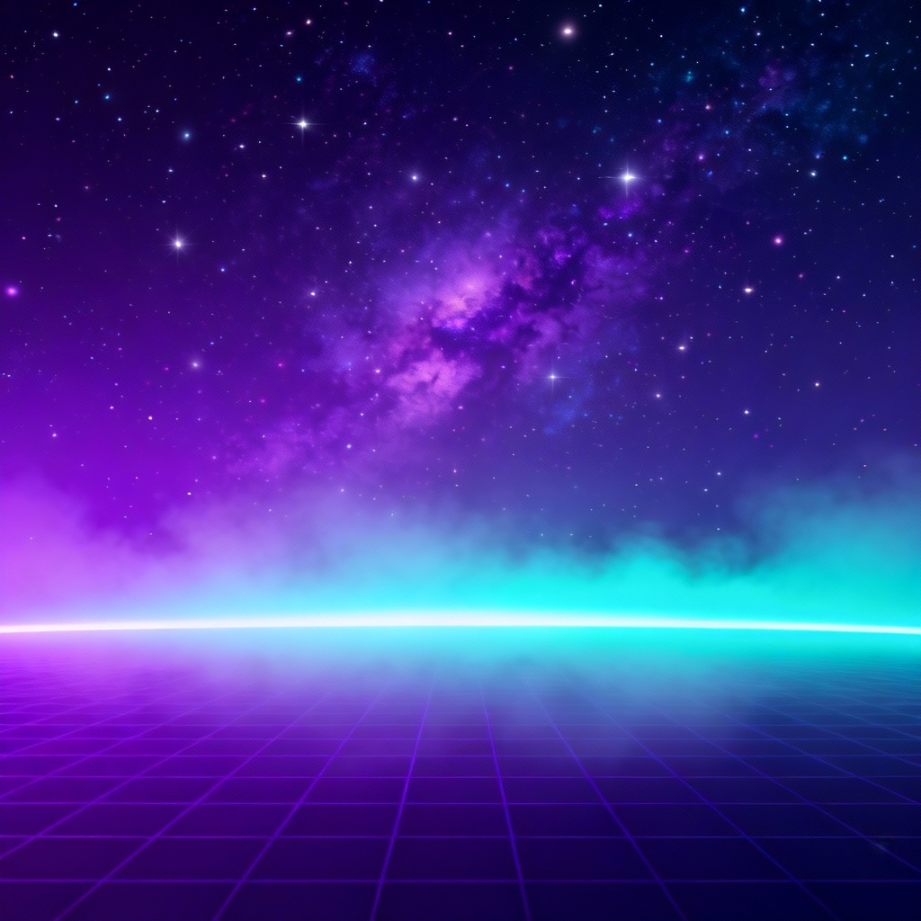 AI synthwave galaxy with neon grid and purple starfield
