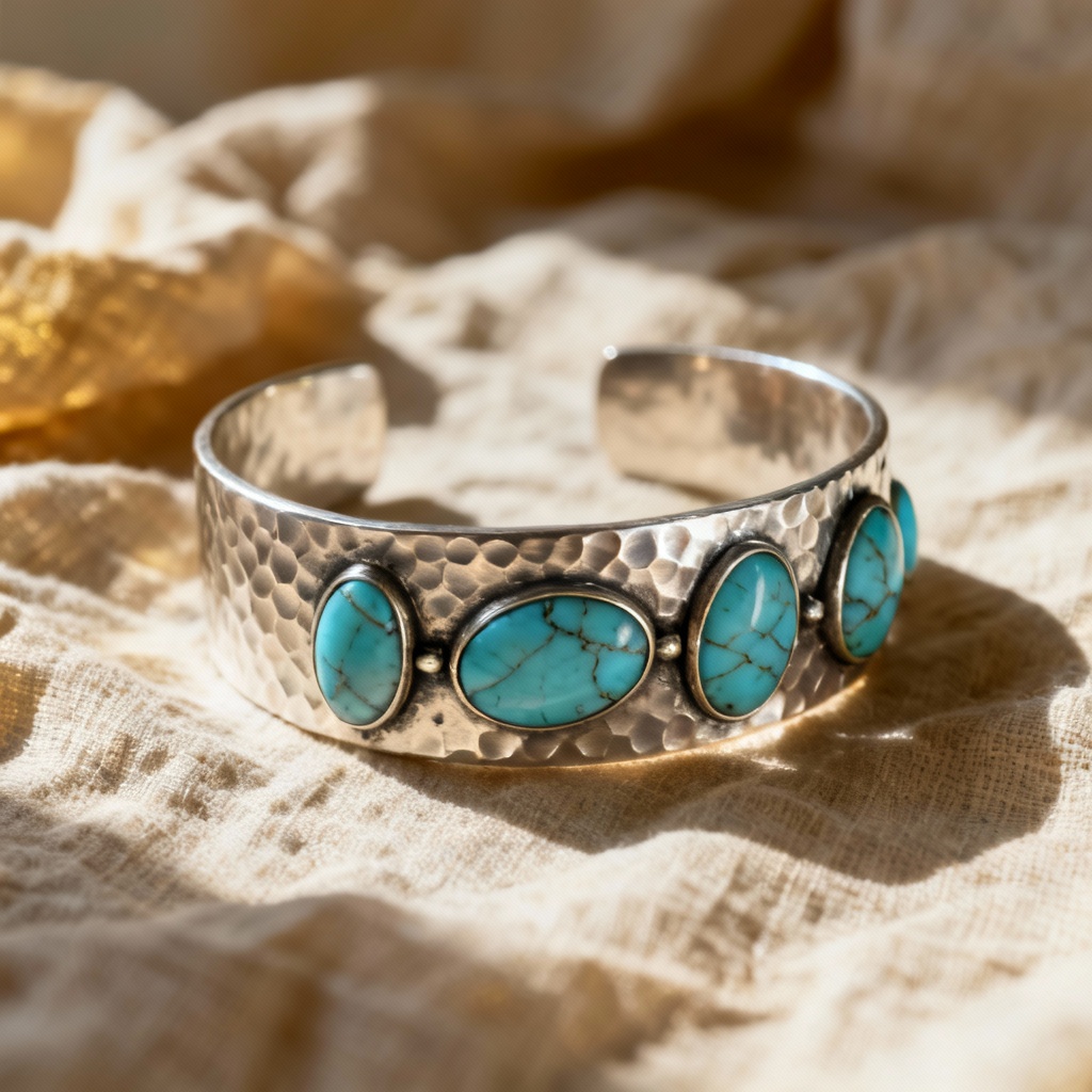 AI boho silver cuff with turquoise cabochons