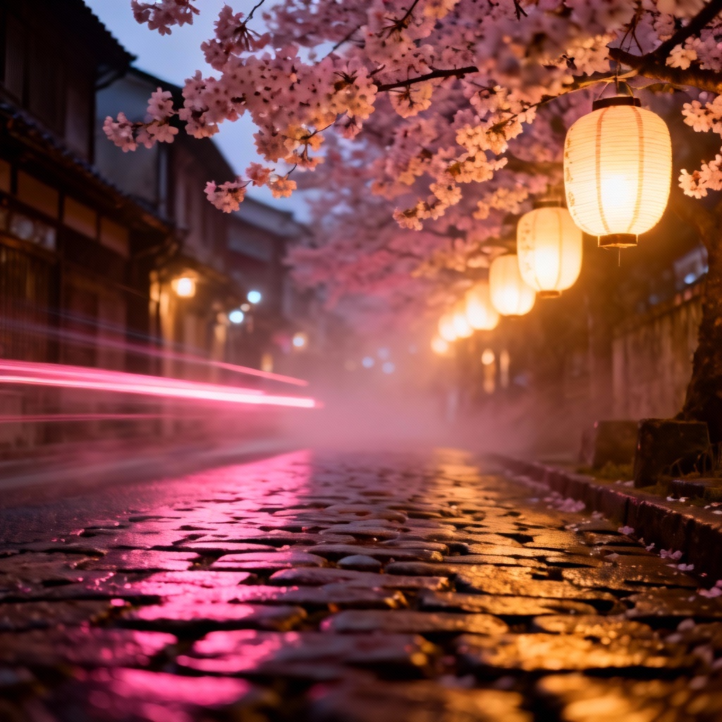 AI dreamy cherry blossom street at night with lanterns