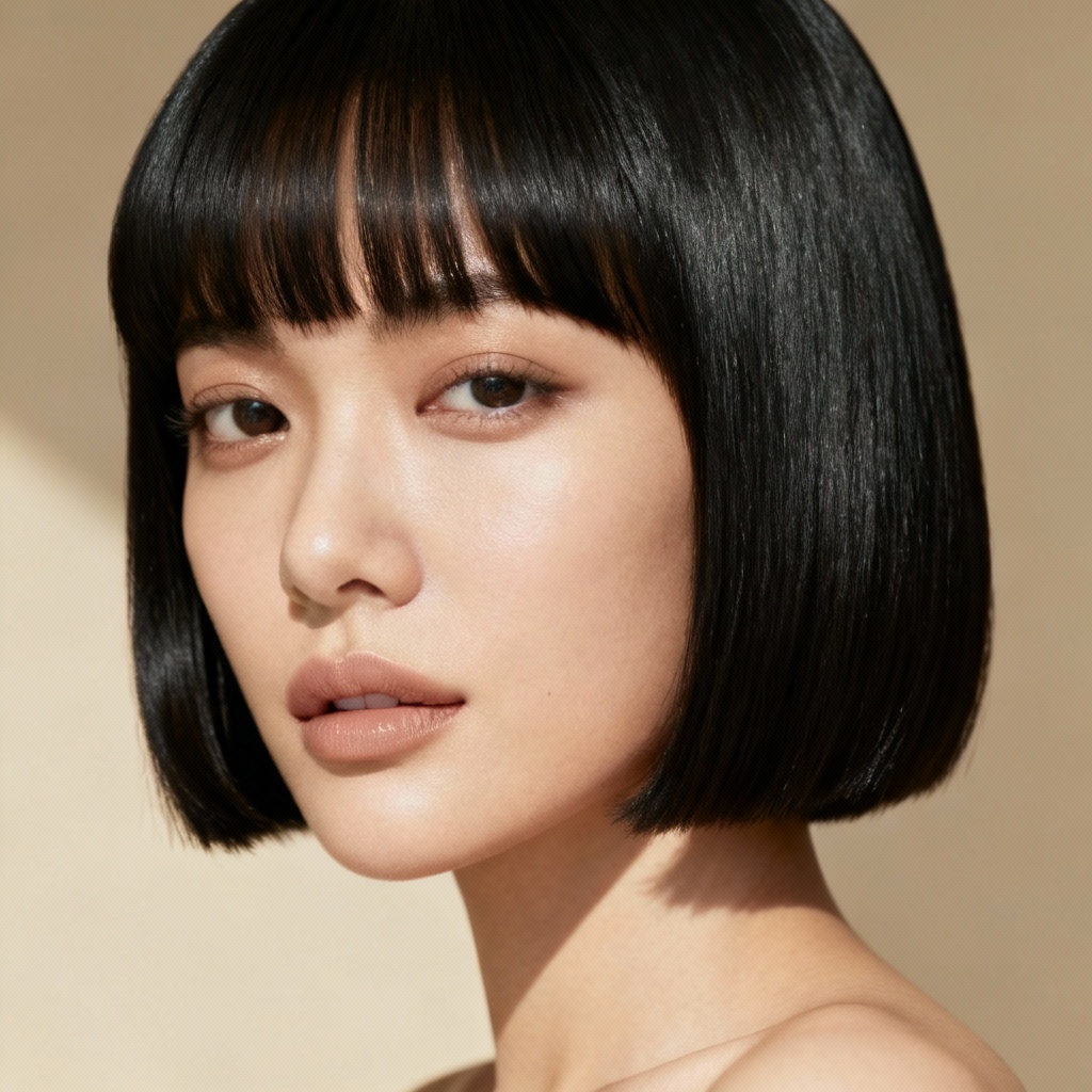 AI blunt bob with curtain bangs hairstyle