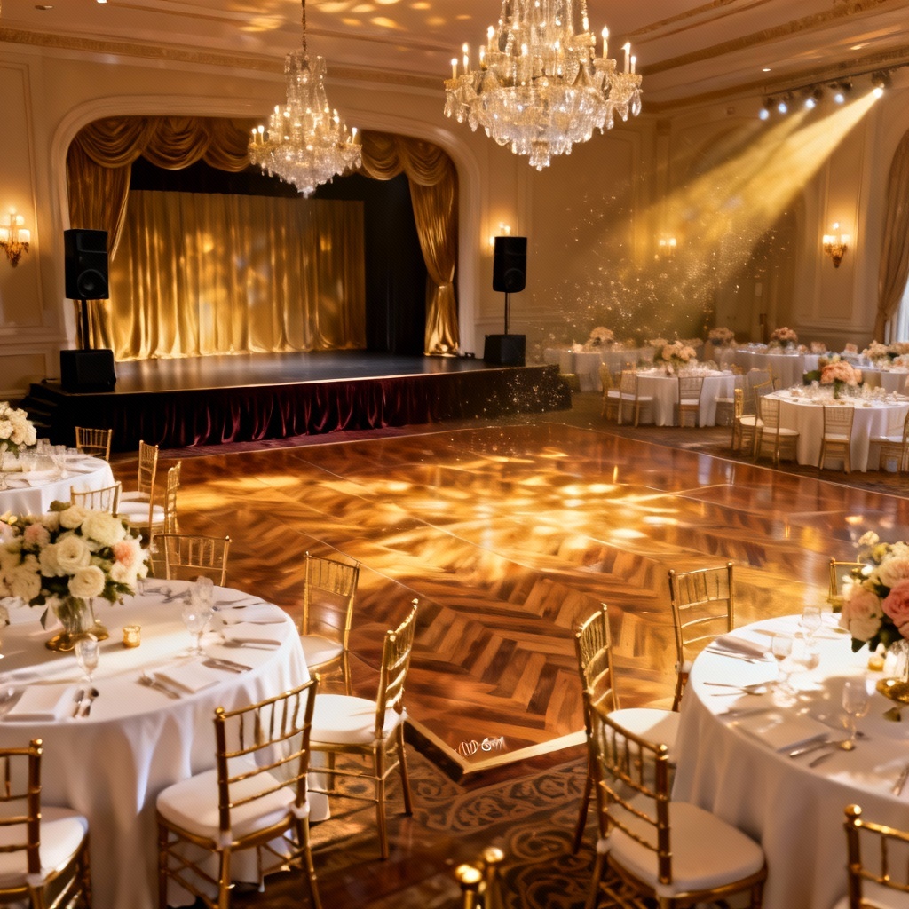 AI render of elegant ballroom venue with seating and stage