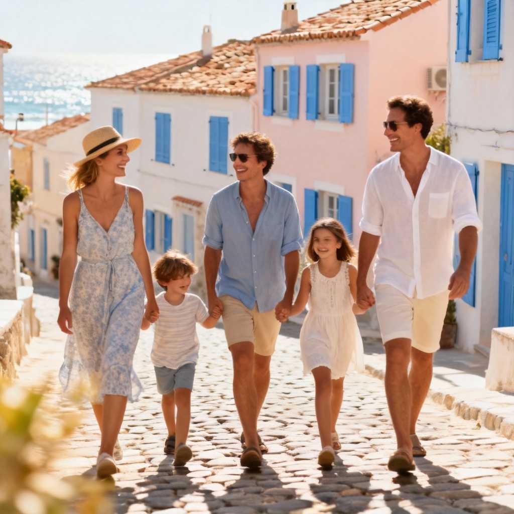 AI family travelers by a Mediterranean seaside village