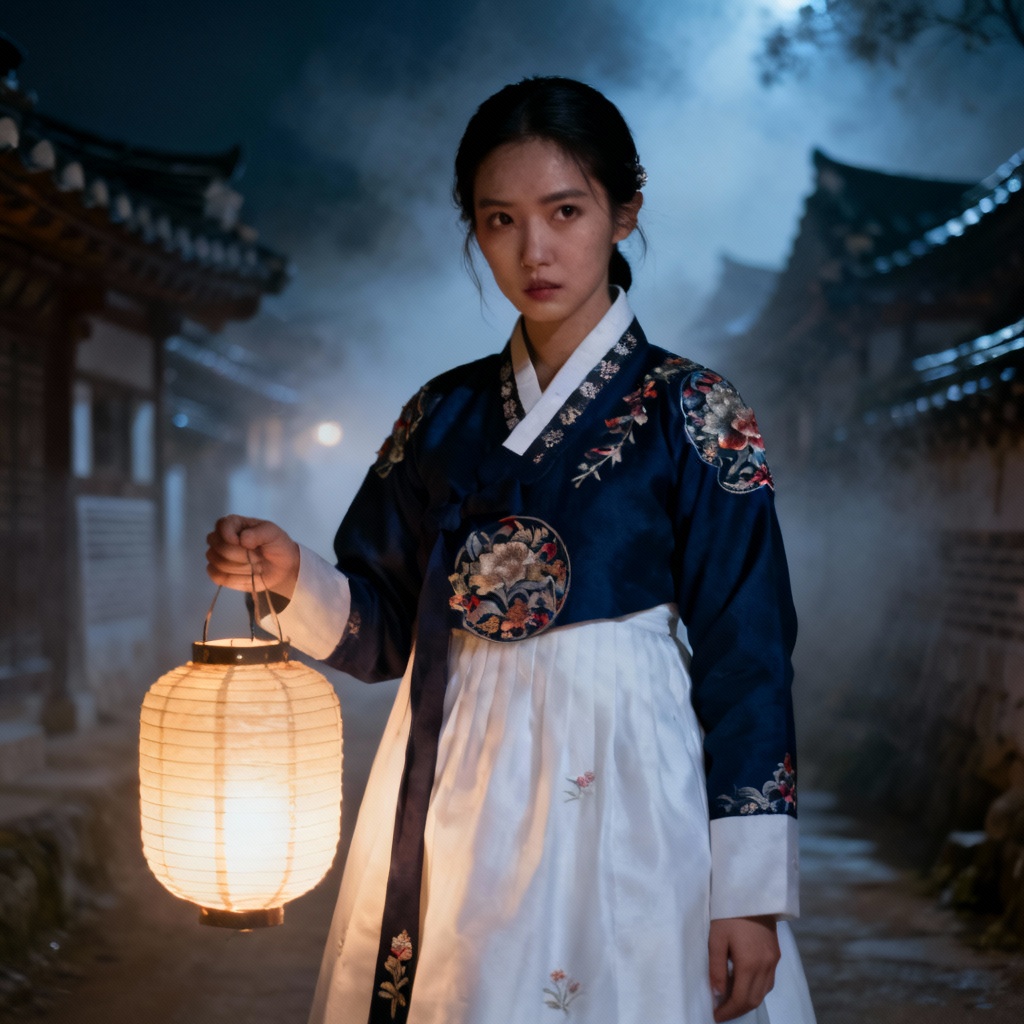 AI sageuk-style heroine in hanbok holding a lantern at night
