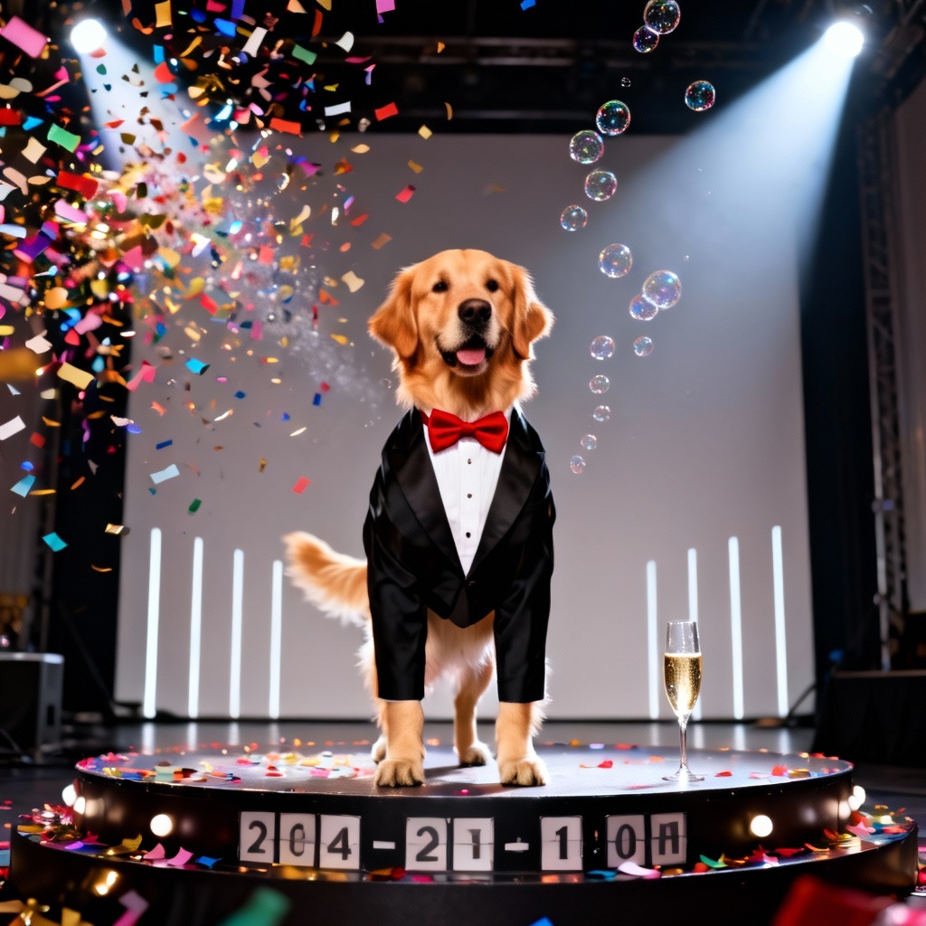 AI golden retriever in tuxedo with confetti on NYE stage