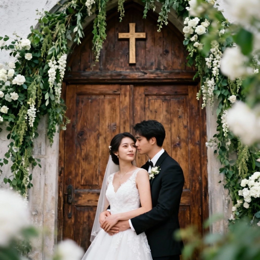 AI Christian wedding portrait at rustic church entrance