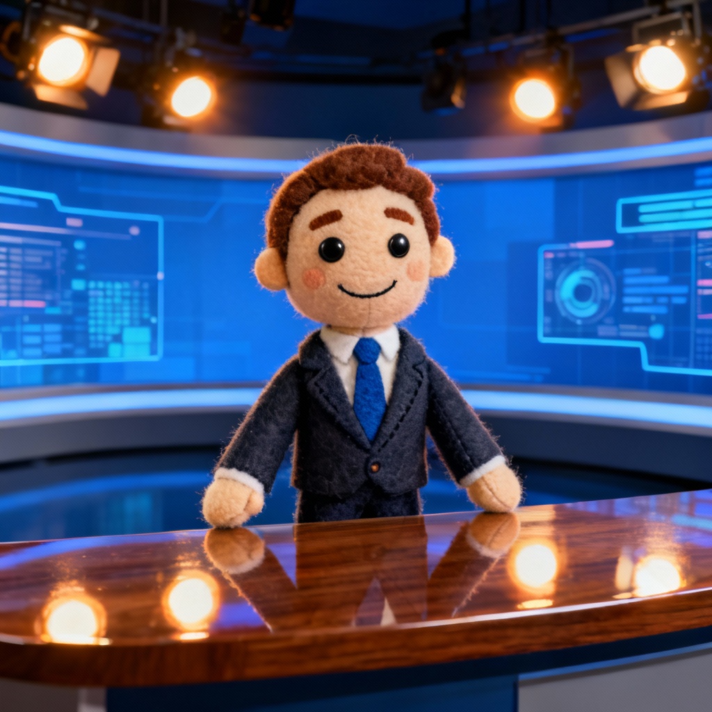 AI muppet-style news anchor puppet at a desk