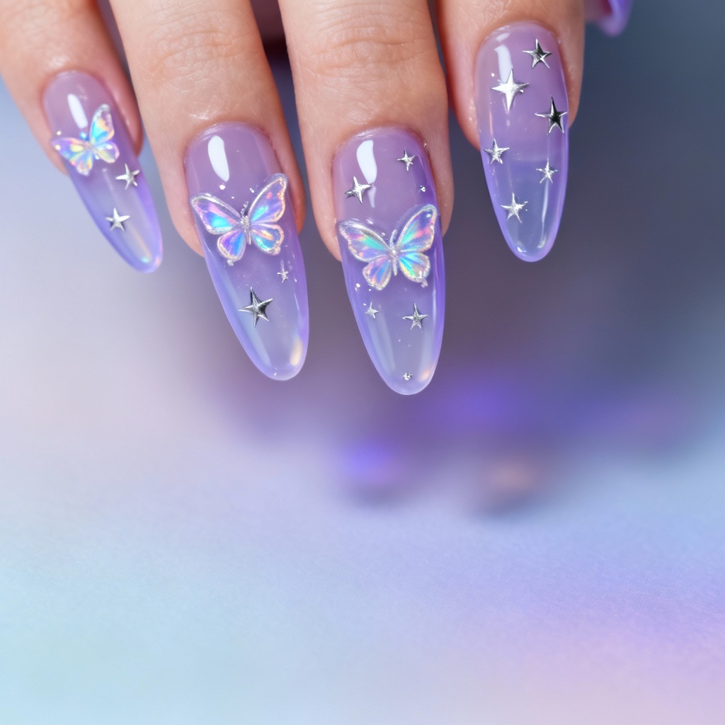 AI jelly coffin nails with iridescent butterfly stickers