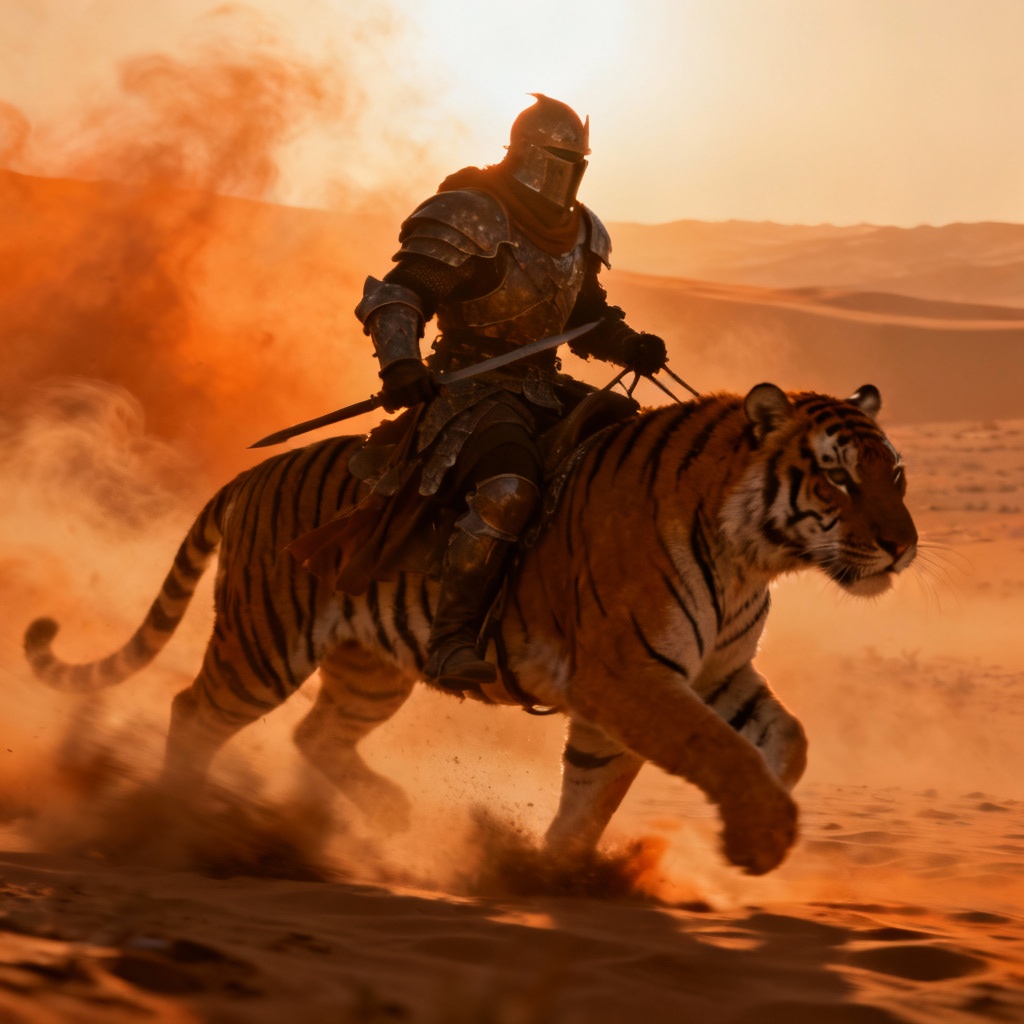AI Knight riding a tiger through desert storm