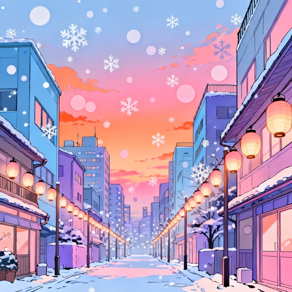 AI anime snowfall on winter street