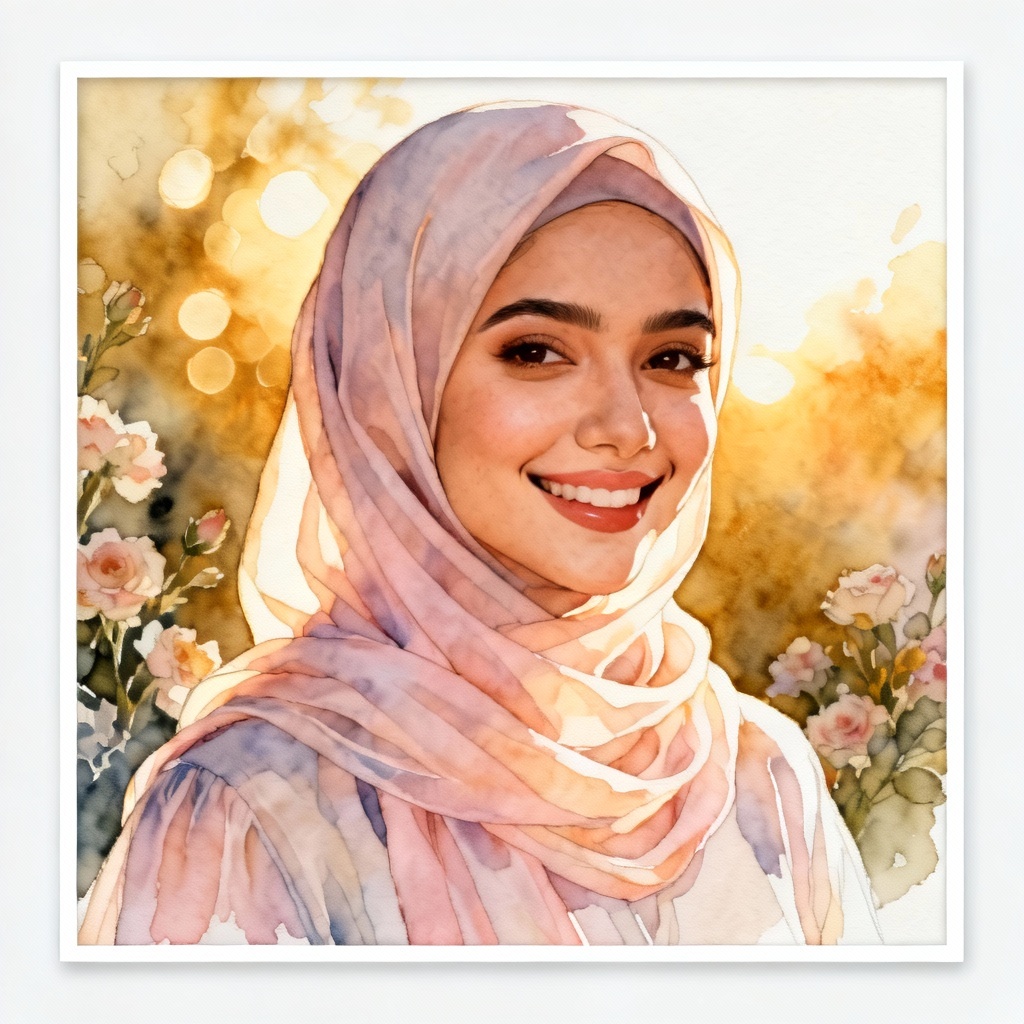 AI watercolor hijab portrait illustration