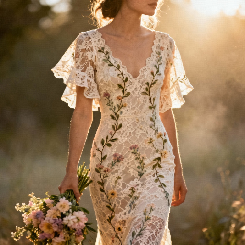AI boho lace garden wedding dress concept