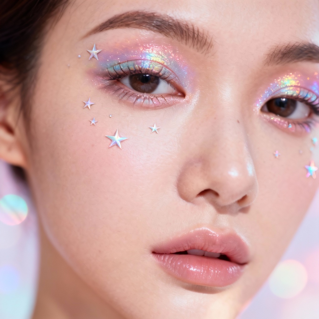 AI sparkle makeup look with holographic shimmer on face