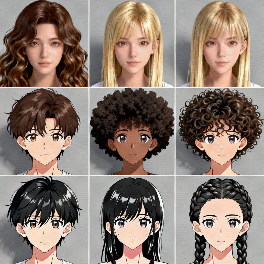 Grid of seamless PBR hair textures with albedo, normal, roughness, and alpha