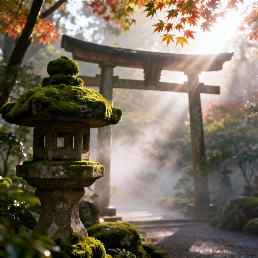 AI zen stone lantern in Japanese garden