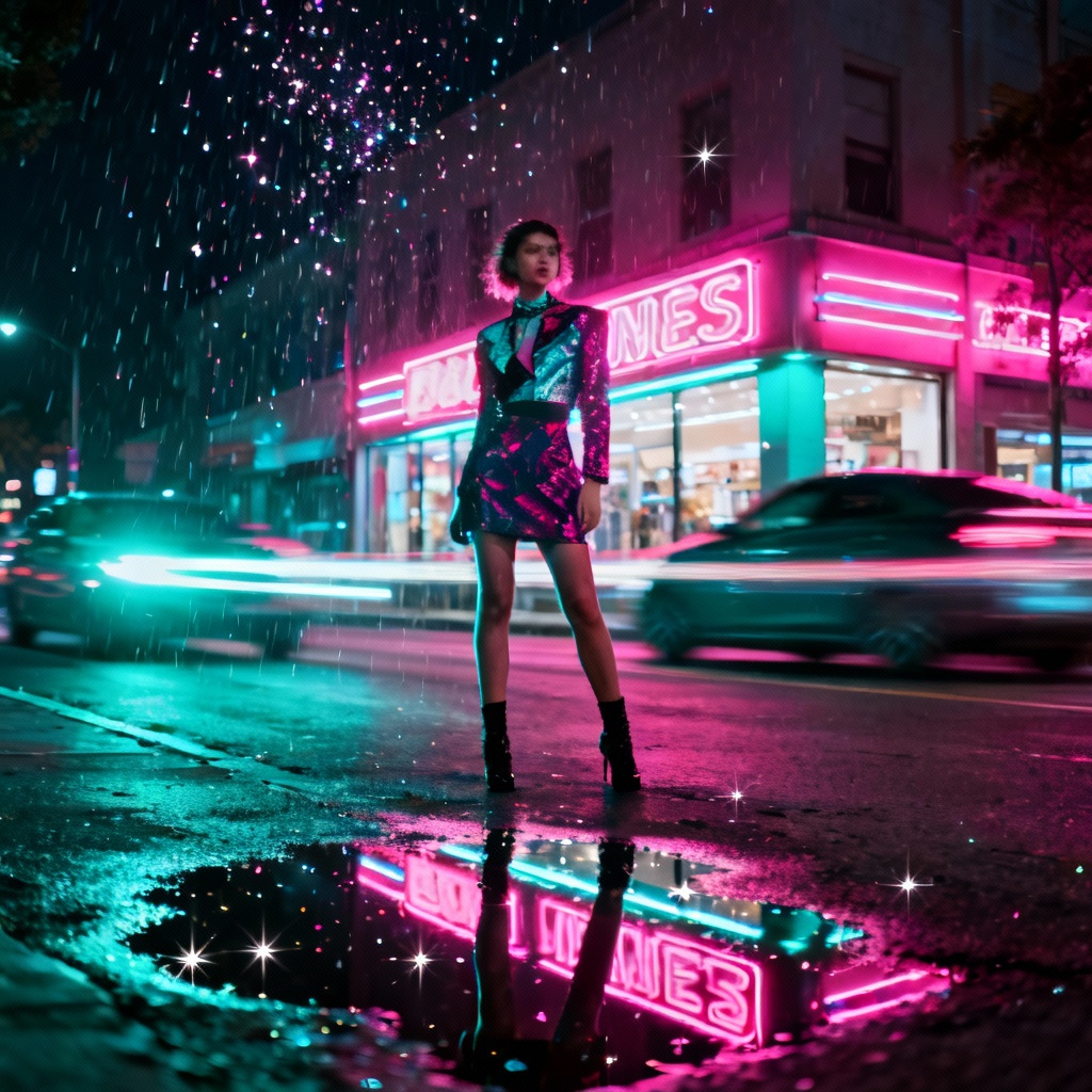 AI street fashion with neon glitter rain shimmer