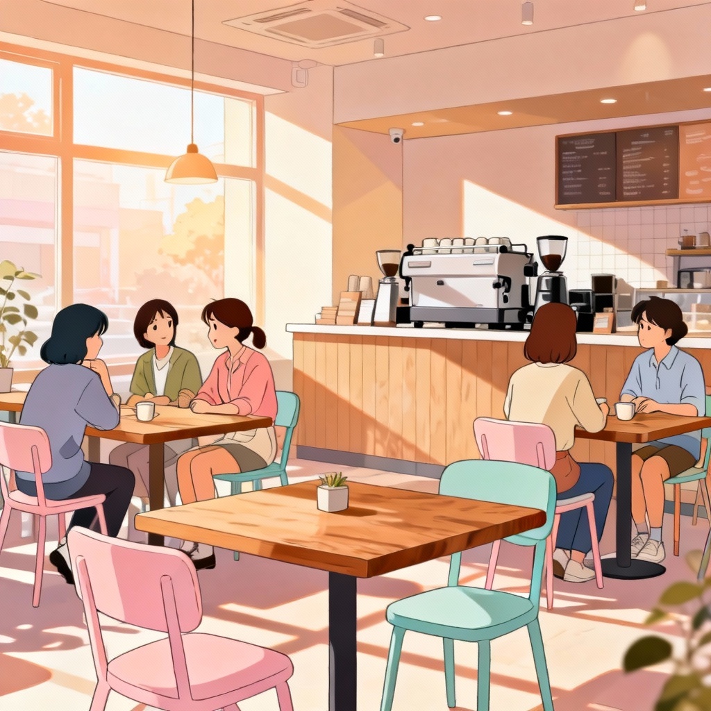 AI cel shaded slice-of-life cafe scene with pastel colors